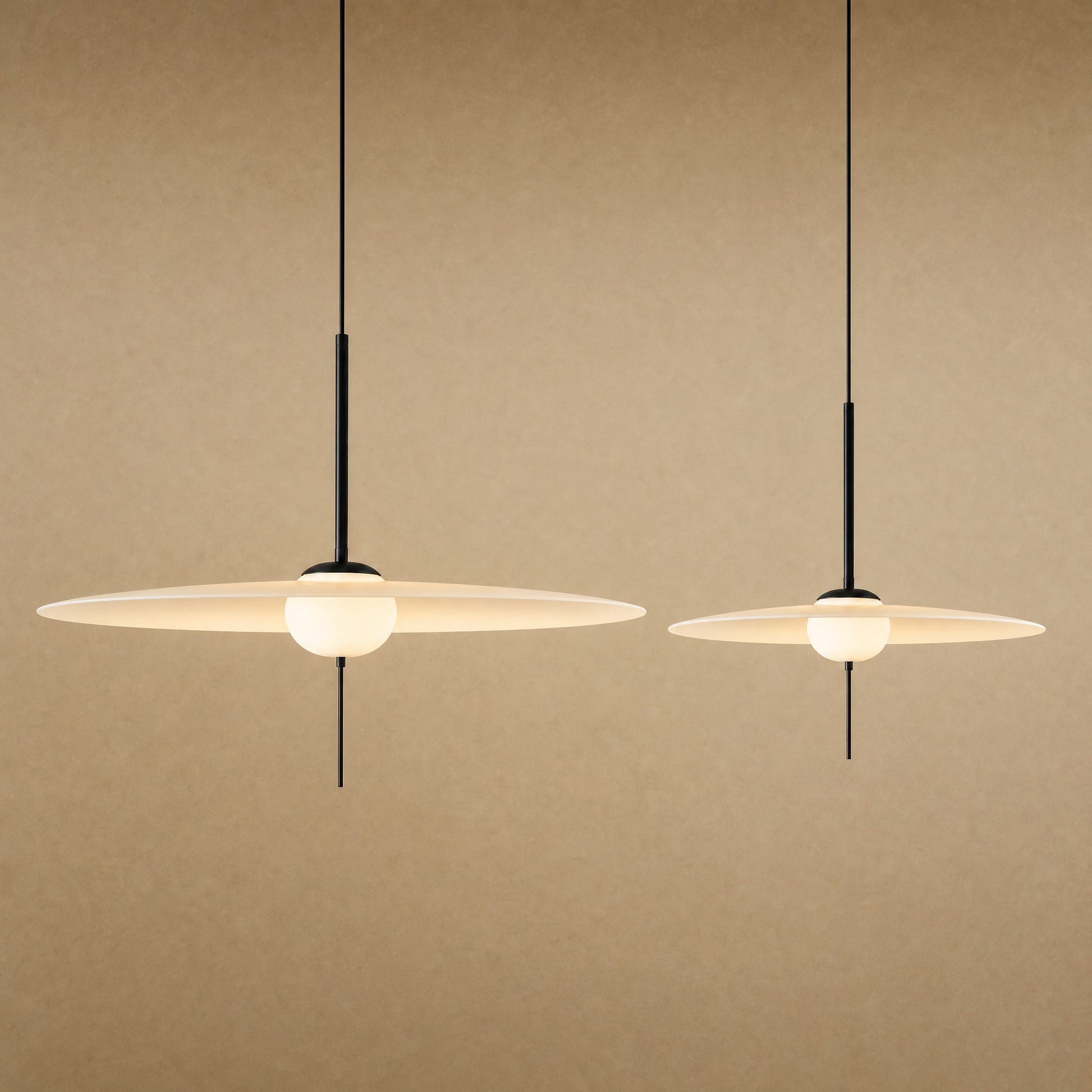 Ylron pendant light in its two sizes, Ø 60 cm and Ø 40 cm side by side | Wickleigh
