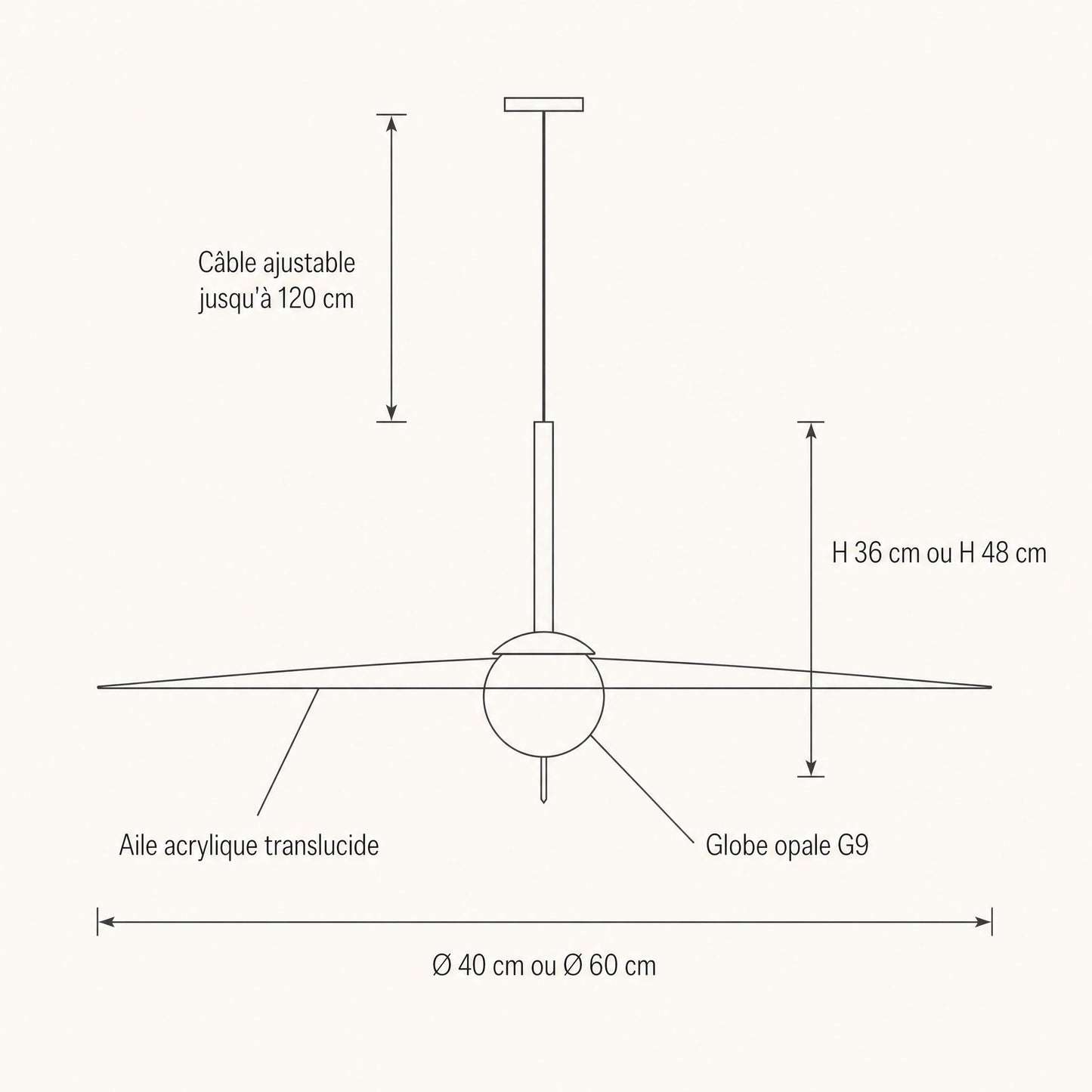 Dimension diagram of the Ylron pendant light, Ø 40 or Ø 60 cm, height 36 or 48 cm, adjustable 120 cm cord | Wickleigh