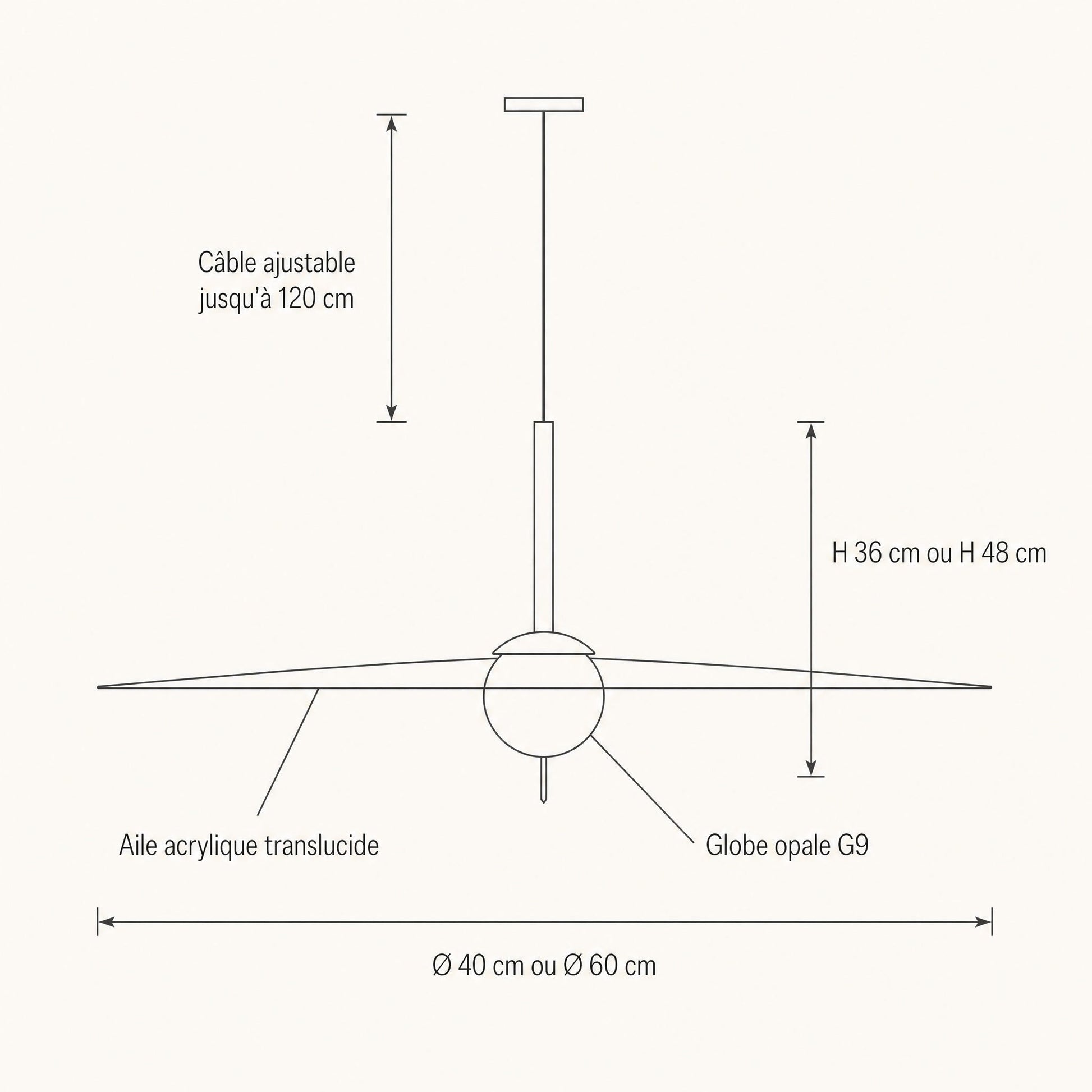 Dimension diagram of the Ylron pendant light, Ø 40 or Ø 60 cm, height 36 or 48 cm, adjustable 120 cm cord | Wickleigh