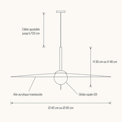 Dimension diagram of the Ylron pendant light, Ø 40 or Ø 60 cm, height 36 or 48 cm, adjustable 120 cm cord | Wickleigh