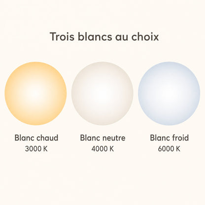 The three white light temperatures of the Ylron pendant light, warm white 3000K, neutral 4000K, cool 6000K | Wickleigh