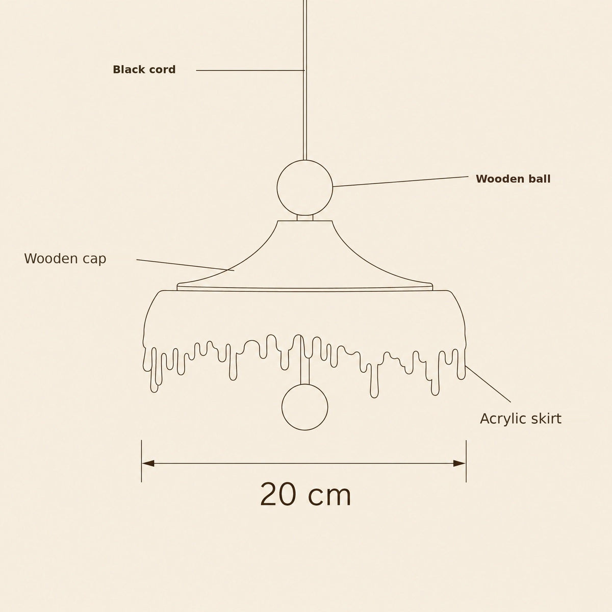 Mini pendant light parts diagram: black cord, wooden cap and acrylic skirt