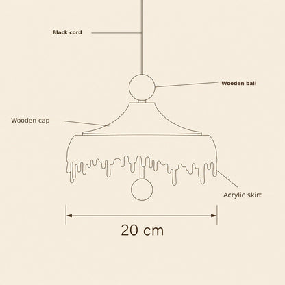 Mini pendant light parts diagram: black cord, wooden cap and acrylic skirt