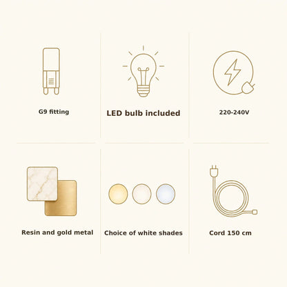 Moon pendant light features: G9 fitting, LED bulb included, resin and gold metal