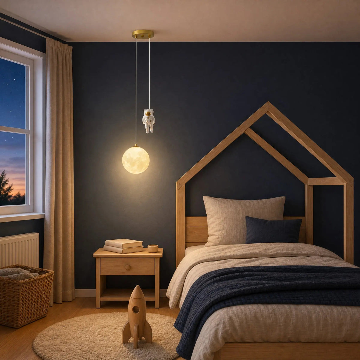 Tevrin moon pendant light lit at dusk in a boy's bedroom with a cabin bed | Wickleigh