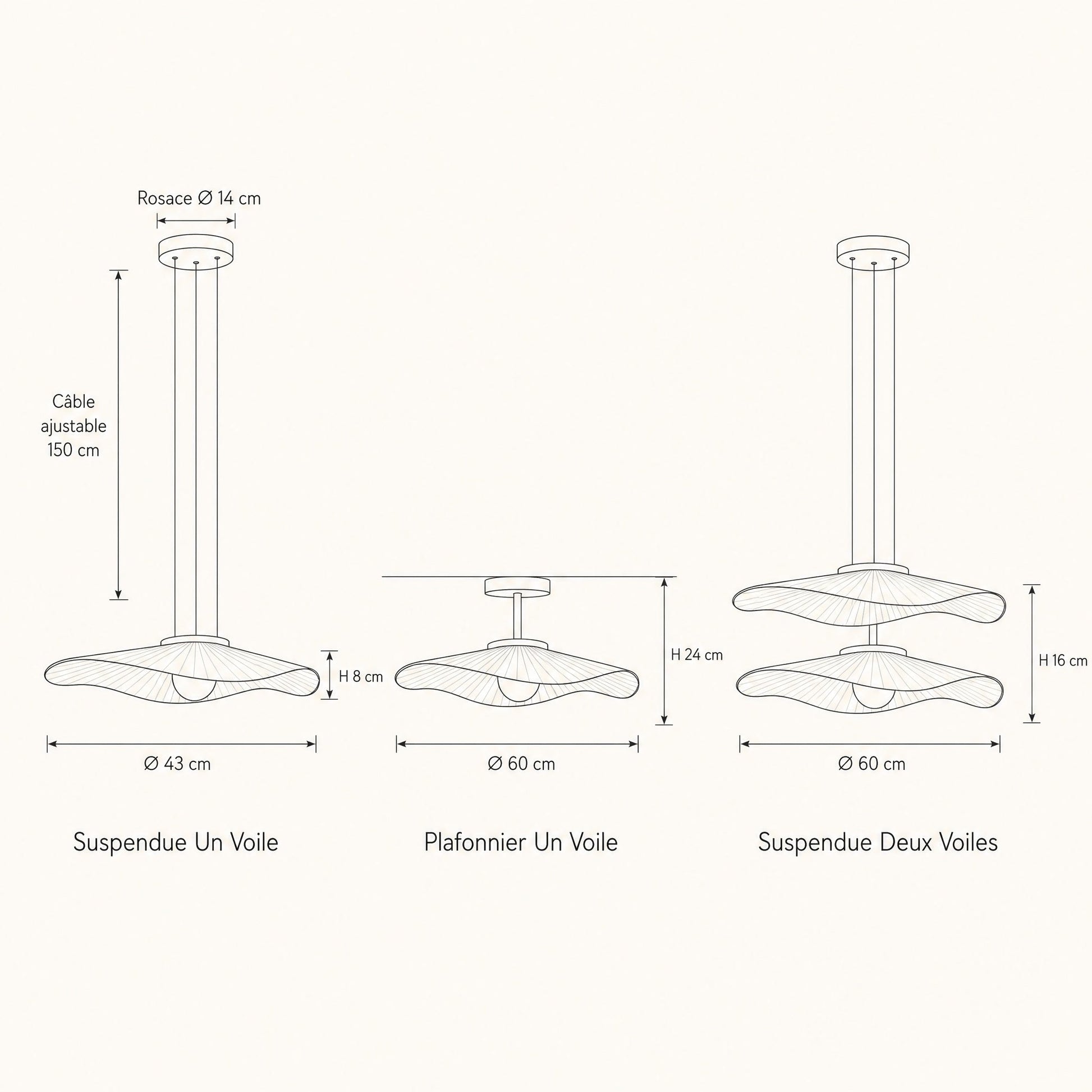 Urven dimension diagram: pendant one veil Ø 43 cm, flush ceiling one veil Ø 60 cm, pendant two veils Ø 60 cm | Wickleigh