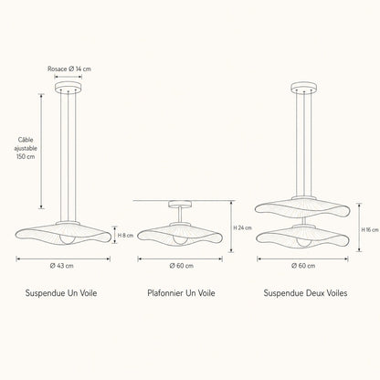 Urven dimension diagram: pendant one veil Ø 43 cm, flush ceiling one veil Ø 60 cm, pendant two veils Ø 60 cm | Wickleigh