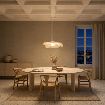 Urven white pendant light, two veils Ø 60 cm, lit above a dining table under a coffered ceiling | Wickleigh