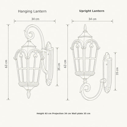 Outdoor wall lantern size guide, hanging and upright versions with dimensions
