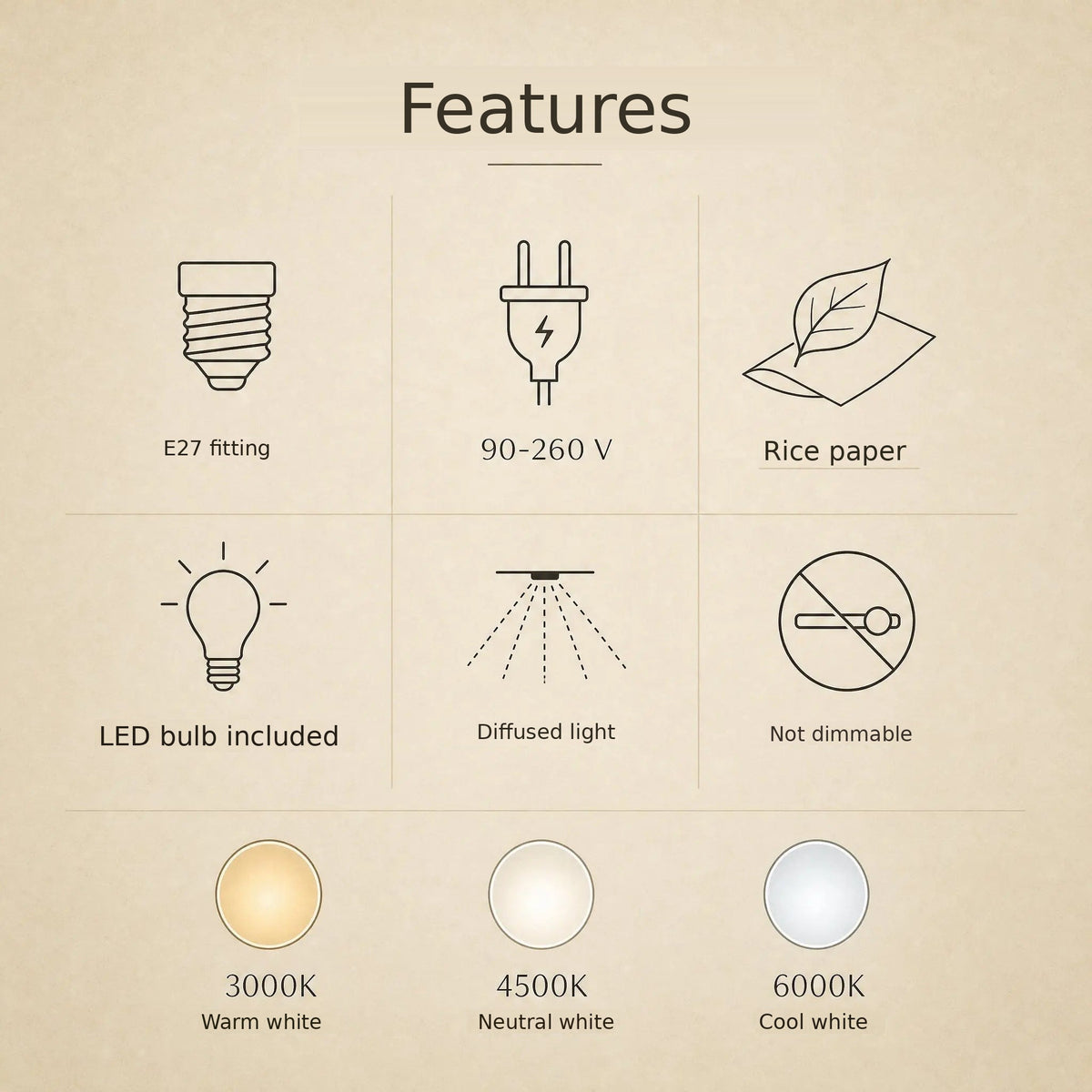 Rice paper pendant light features and three white light temperatures