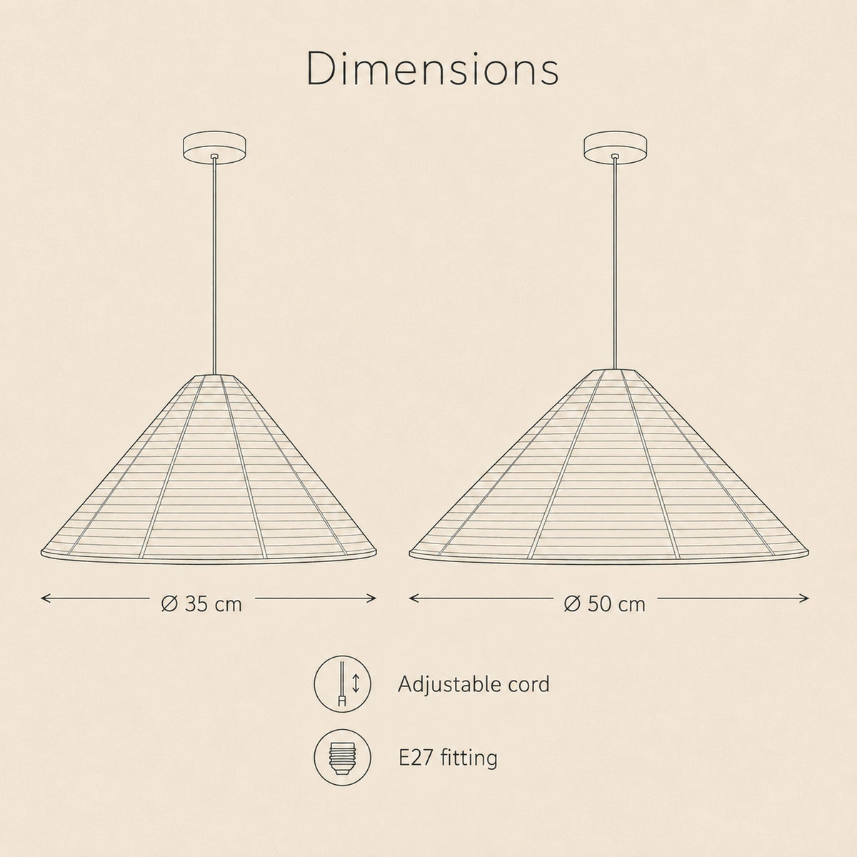 Pleated rice paper pendant light size guide with two shade diameters