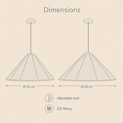 Pleated rice paper pendant light size guide with two shade diameters