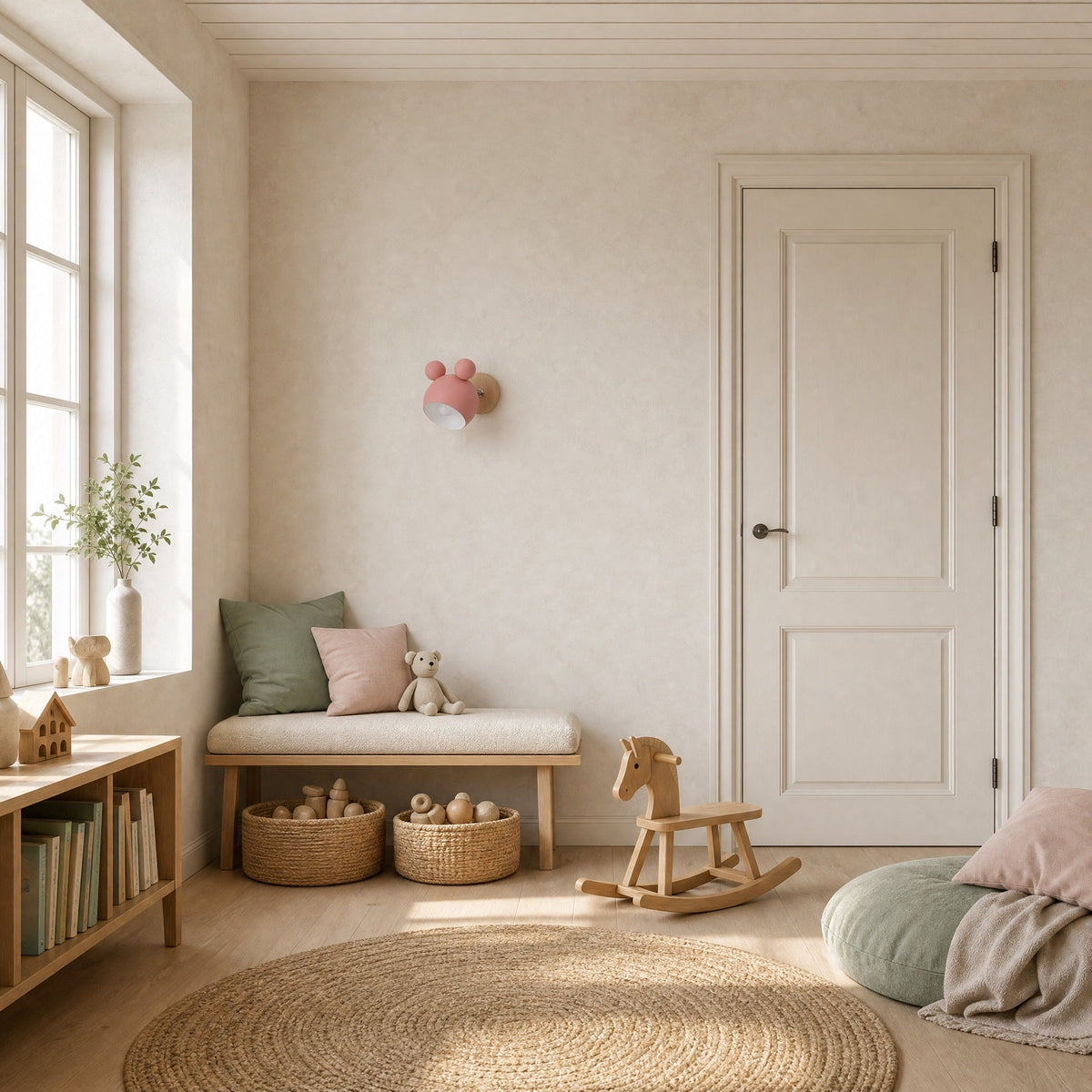 Berrin pink wall light above a playroom bench in daylight | Wickleigh