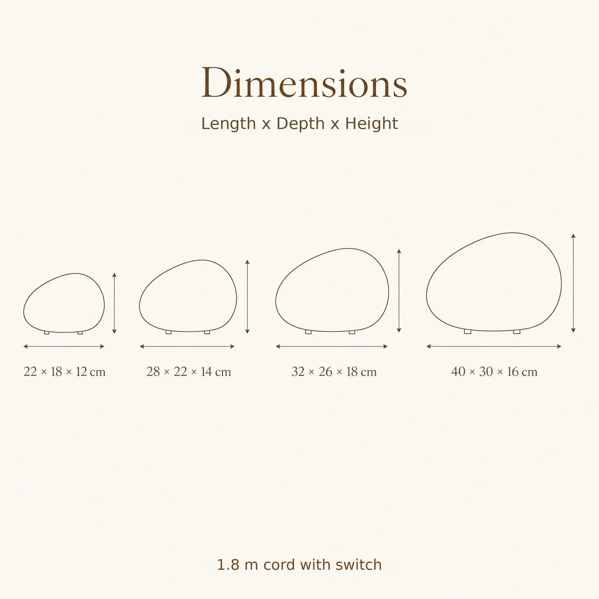 Pebble table lamp size guide with four sizes and cord with switch