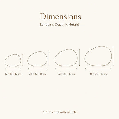 Pebble table lamp size guide with four sizes and cord with switch