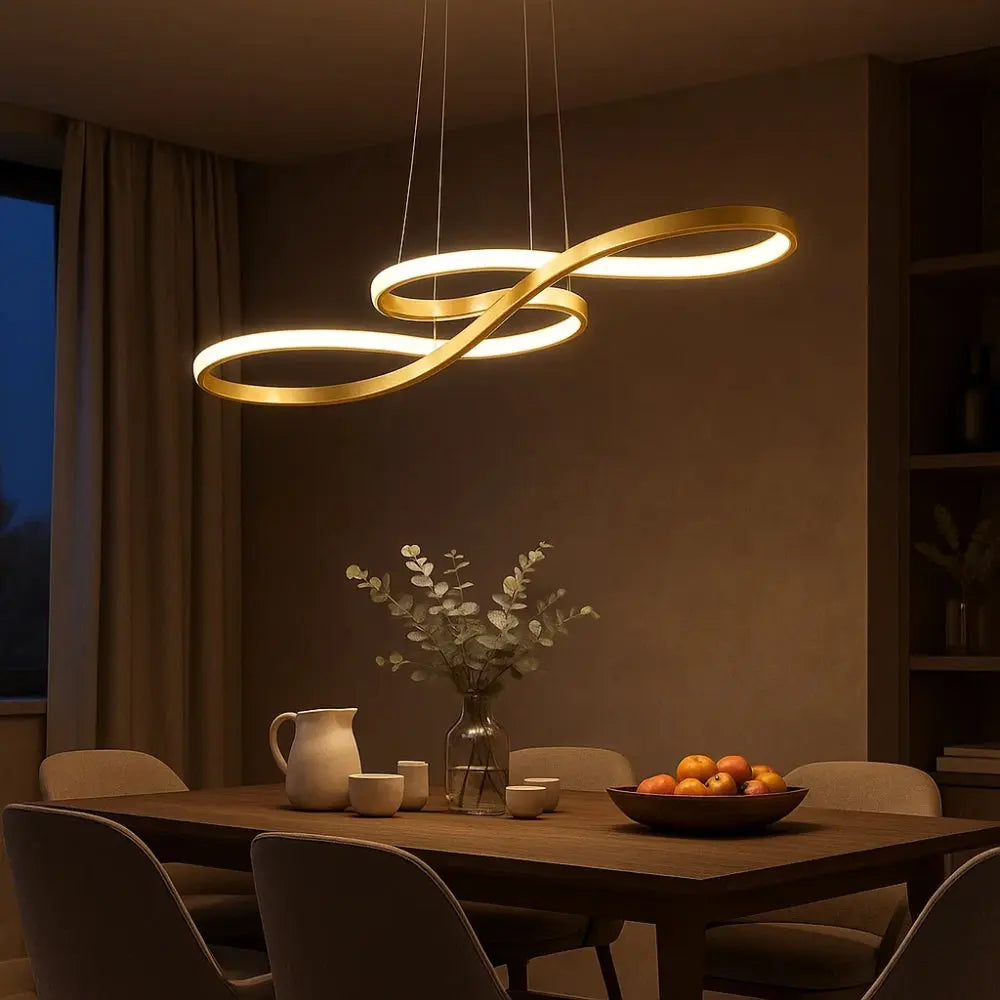 Signa sculptural ribbon pendant light, looping metal rings, packshot | Wickleigh