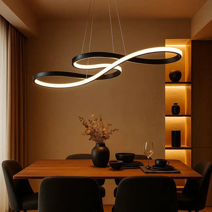 Signa sculptural ribbon pendant light, looping metal rings, packshot | Wickleigh