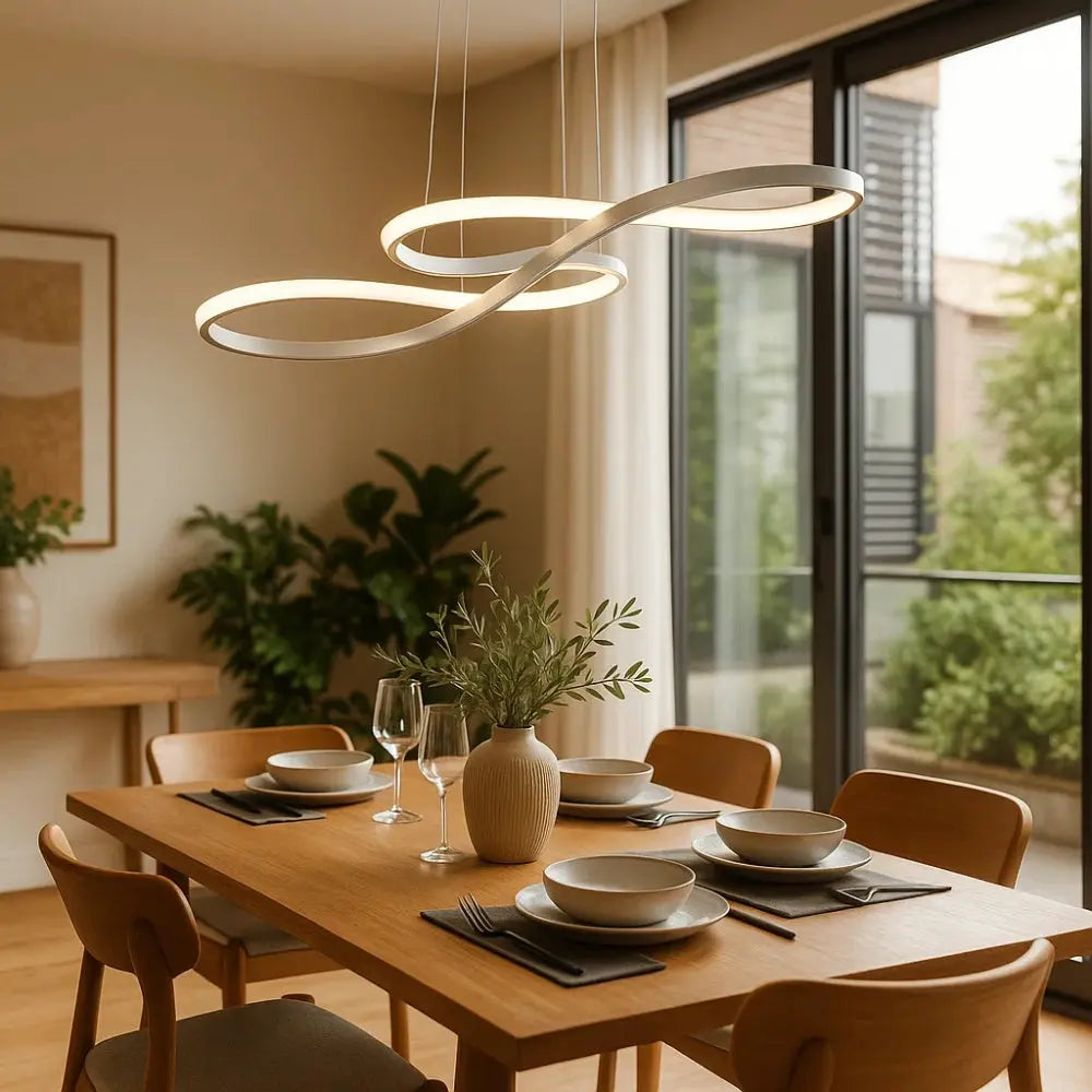 Signa sculptural ribbon pendant light, looping metal rings, packshot | Wickleigh