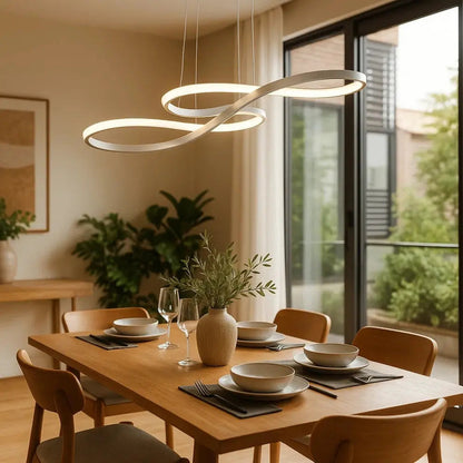 Signa sculptural ribbon pendant light, looping metal rings, packshot | Wickleigh