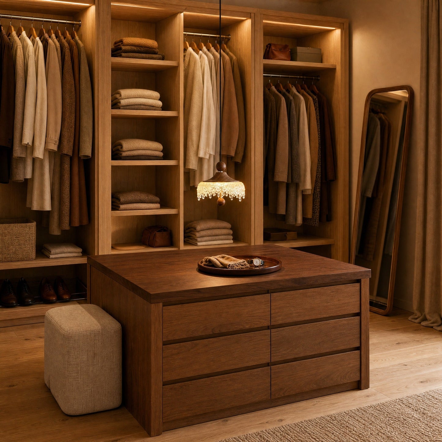 Elmin mini pendant light lit above a walnut island in a dressing room | Wickleigh