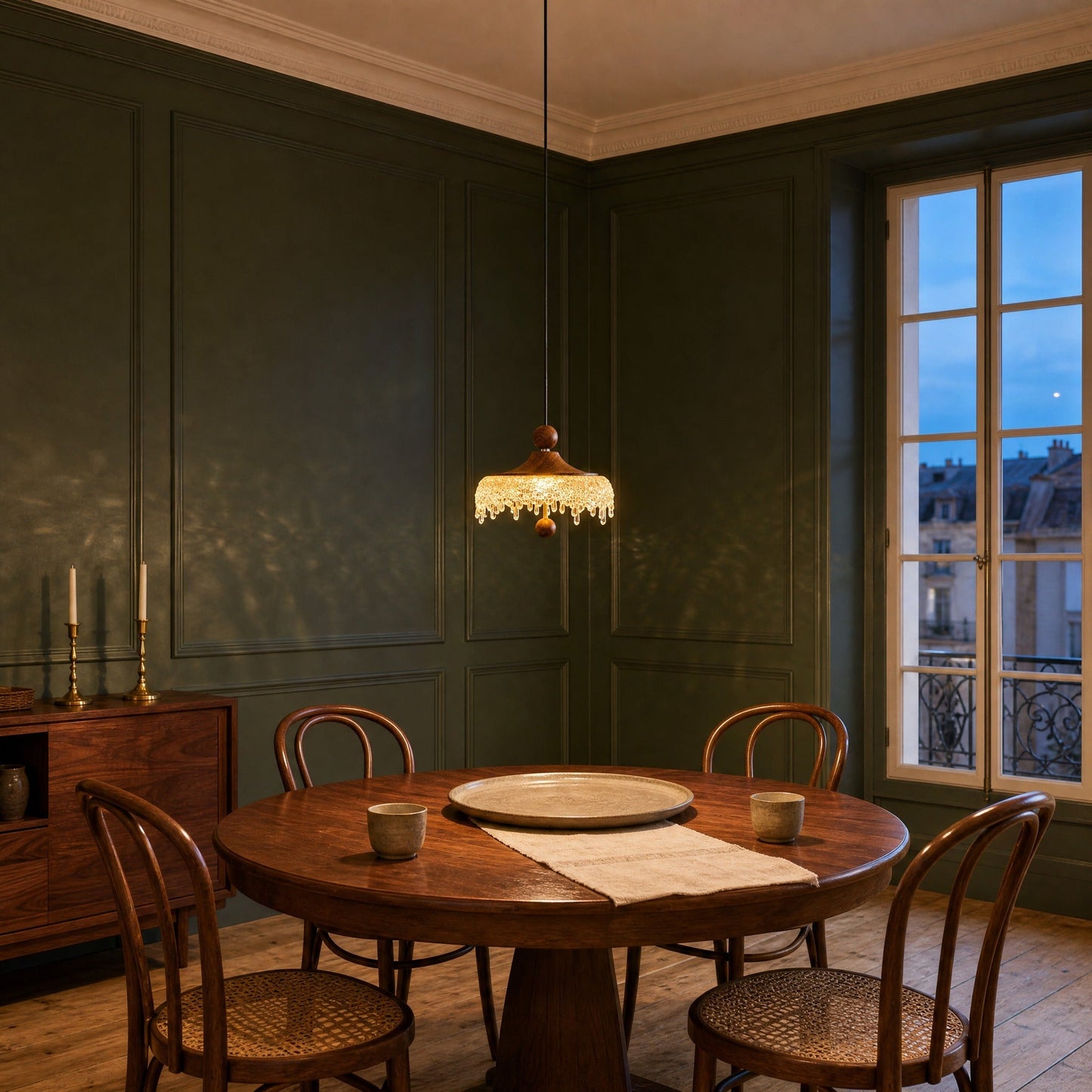Elmin mini pendant light lit above a round walnut table, green panelled dining room | Wickleigh