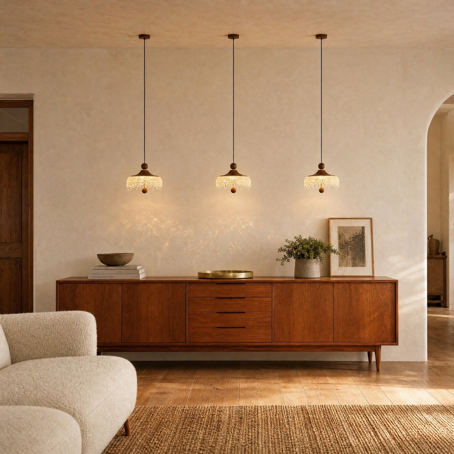 Three Elmin mini pendant lights aligned above a teak sideboard in a living room | Wickleigh