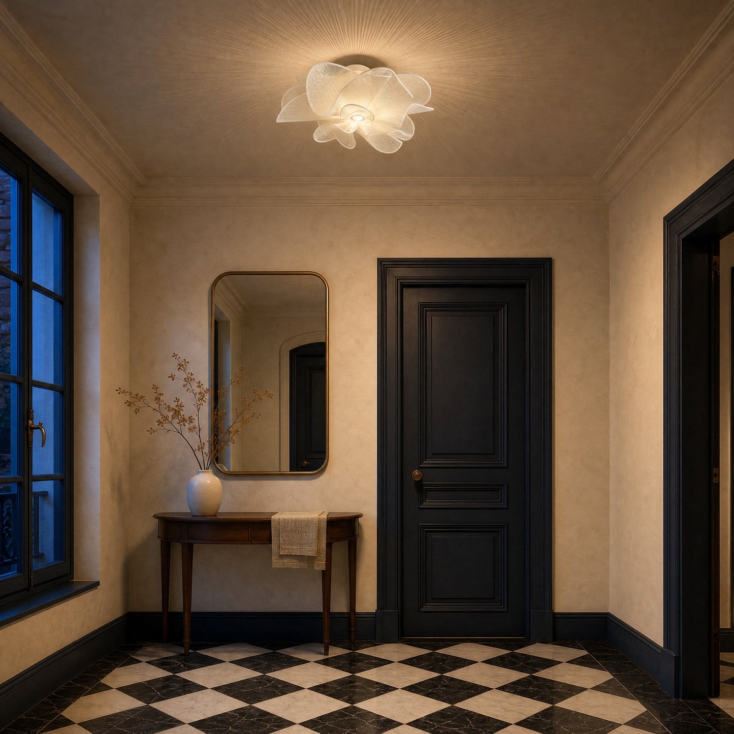 Eswen white flower ceiling light lit above a chequered marble entrance floor | Wickleigh