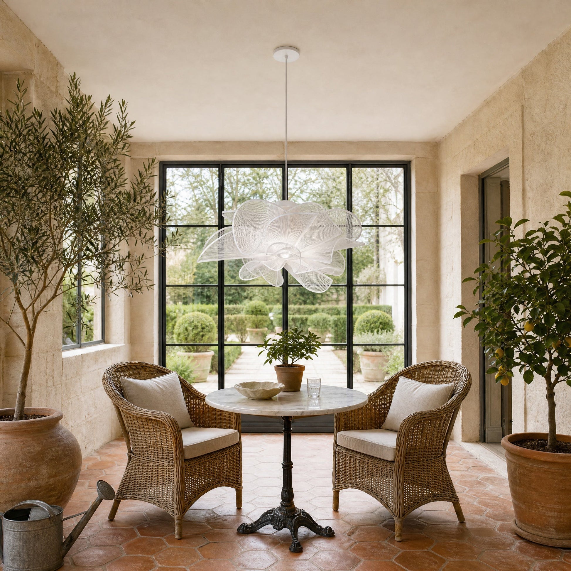 Eswen white flower pendant light above a round table in a conservatory | Wickleigh