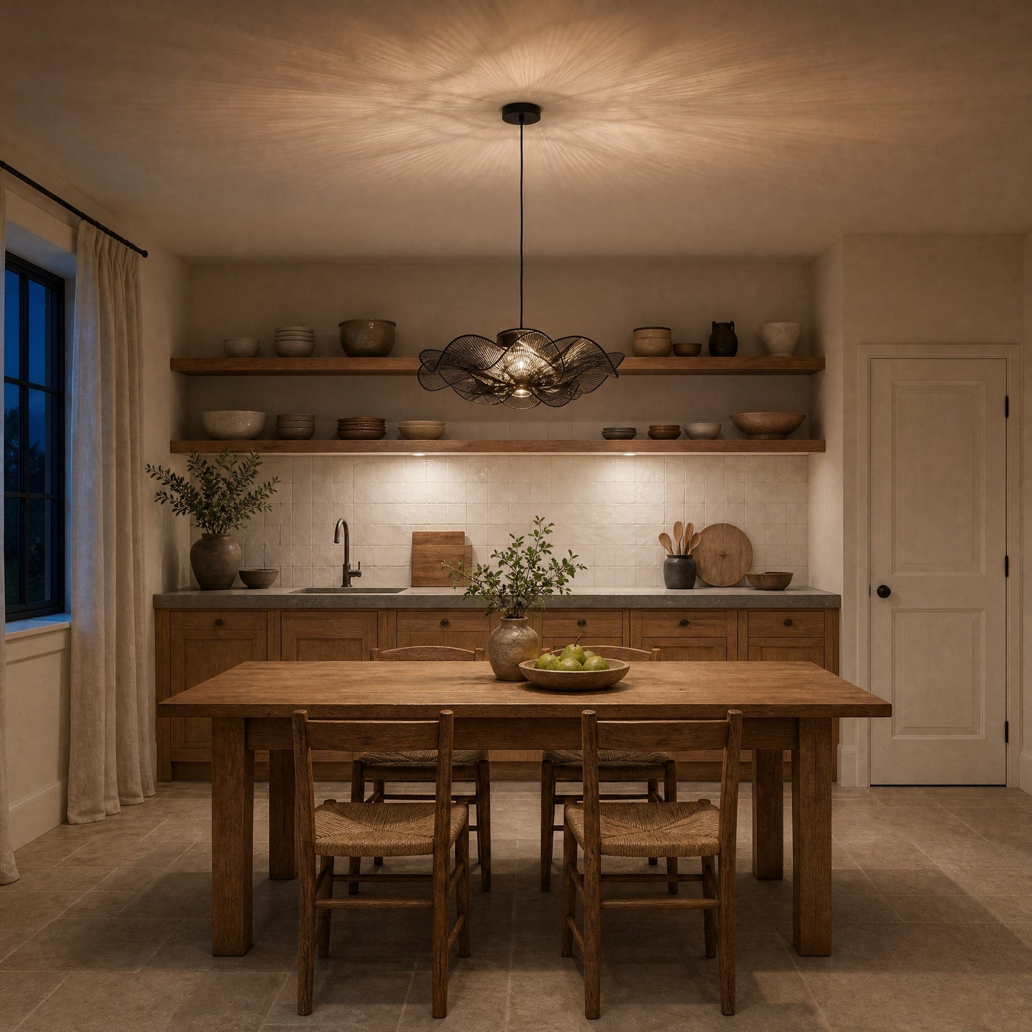 Eswen black flower pendant light lit above an oak kitchen table | Wickleigh
