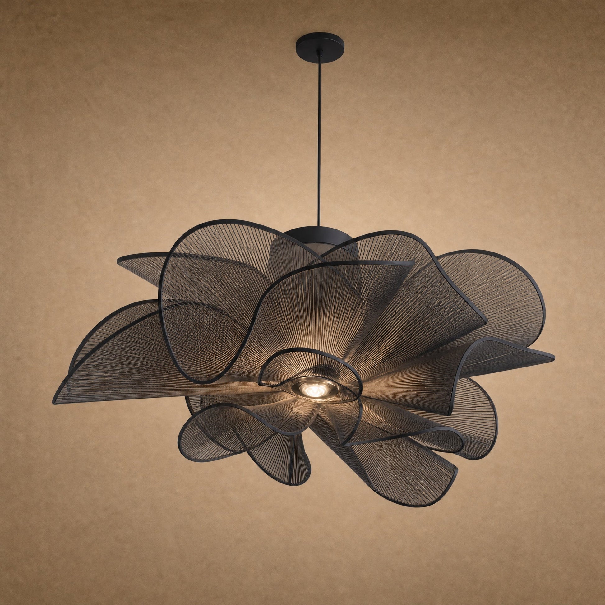Eswen black flower pendant light on adjustable cable, smoked translucent petals | Wickleigh