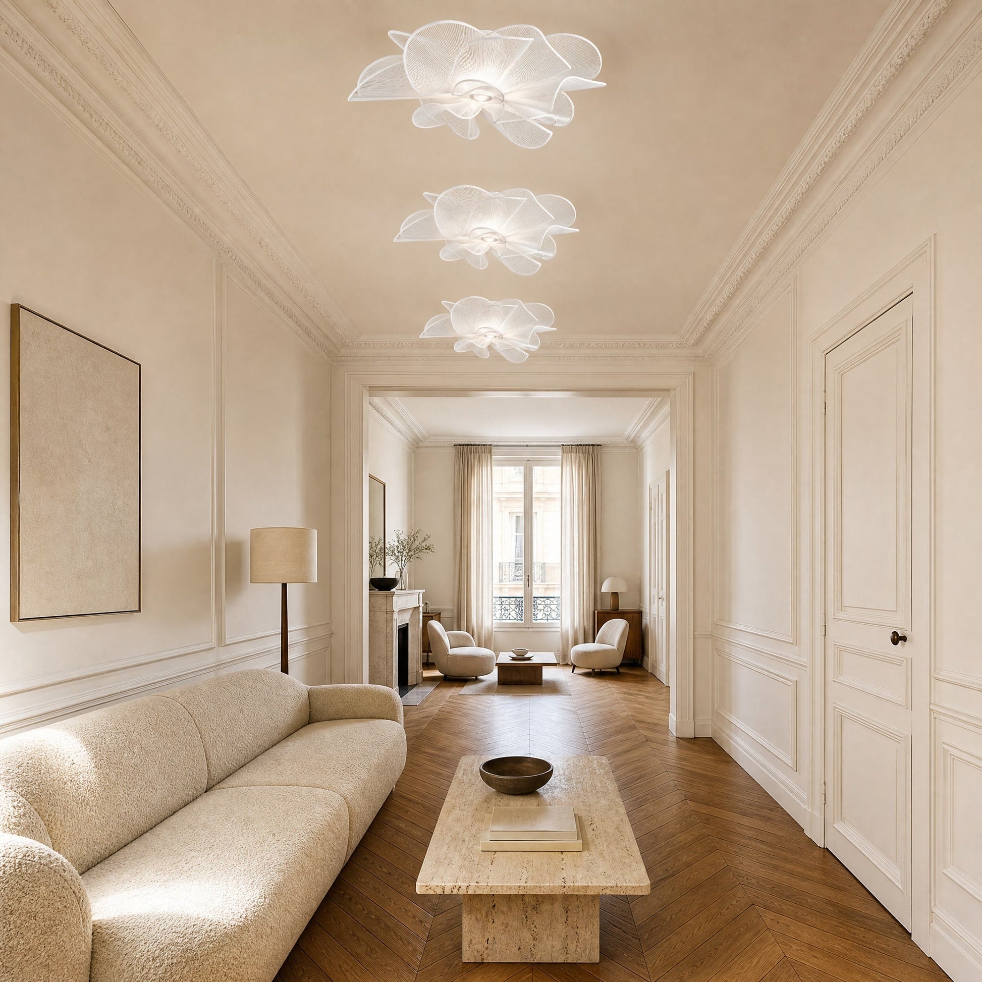 Three Eswen white flower ceiling lights aligned along an open-plan sitting room | Wickleigh