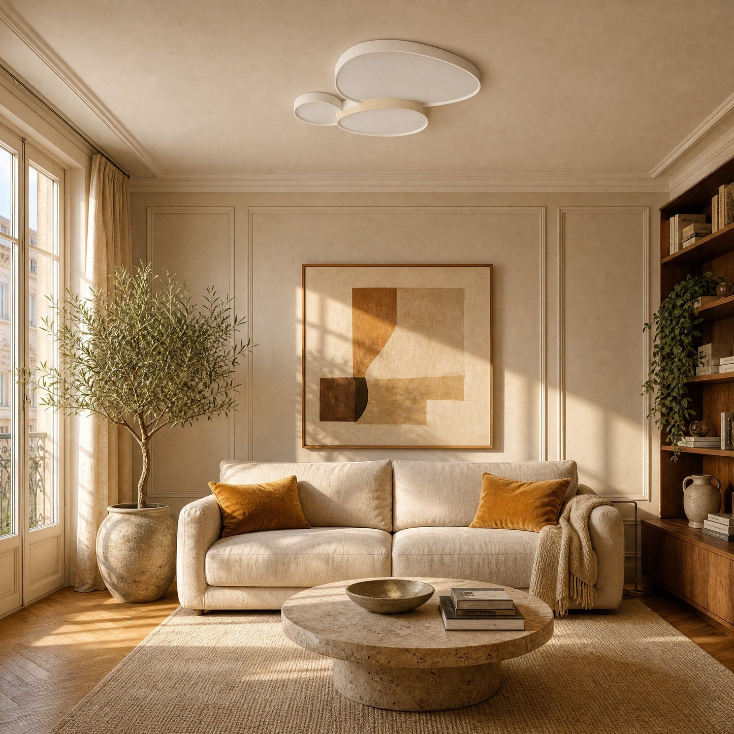 Teina white flush ceiling light in a bright sitting room in daylight | Wickleigh