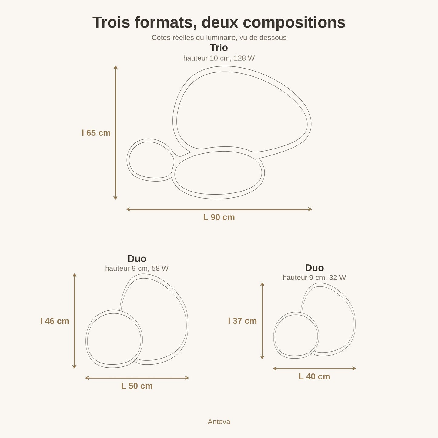 Dimensional drawing of the Teina ceiling light, three sizes of 40, 50 and 90 cm | Wickleigh
