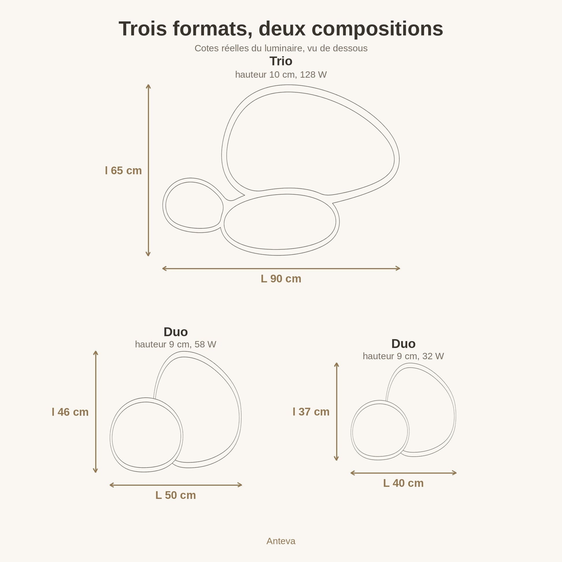 Dimensional drawing of the Teina ceiling light, three sizes of 40, 50 and 90 cm | Wickleigh