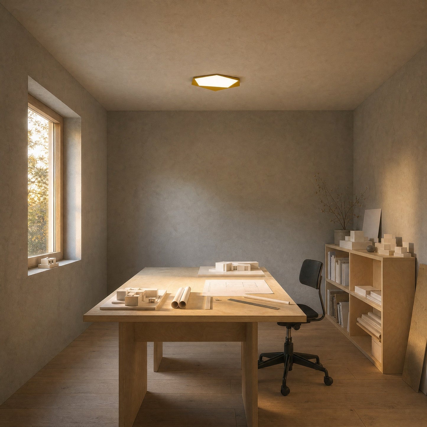 Ostin yellow flat ceiling light lit above a birch work table | Wickleigh