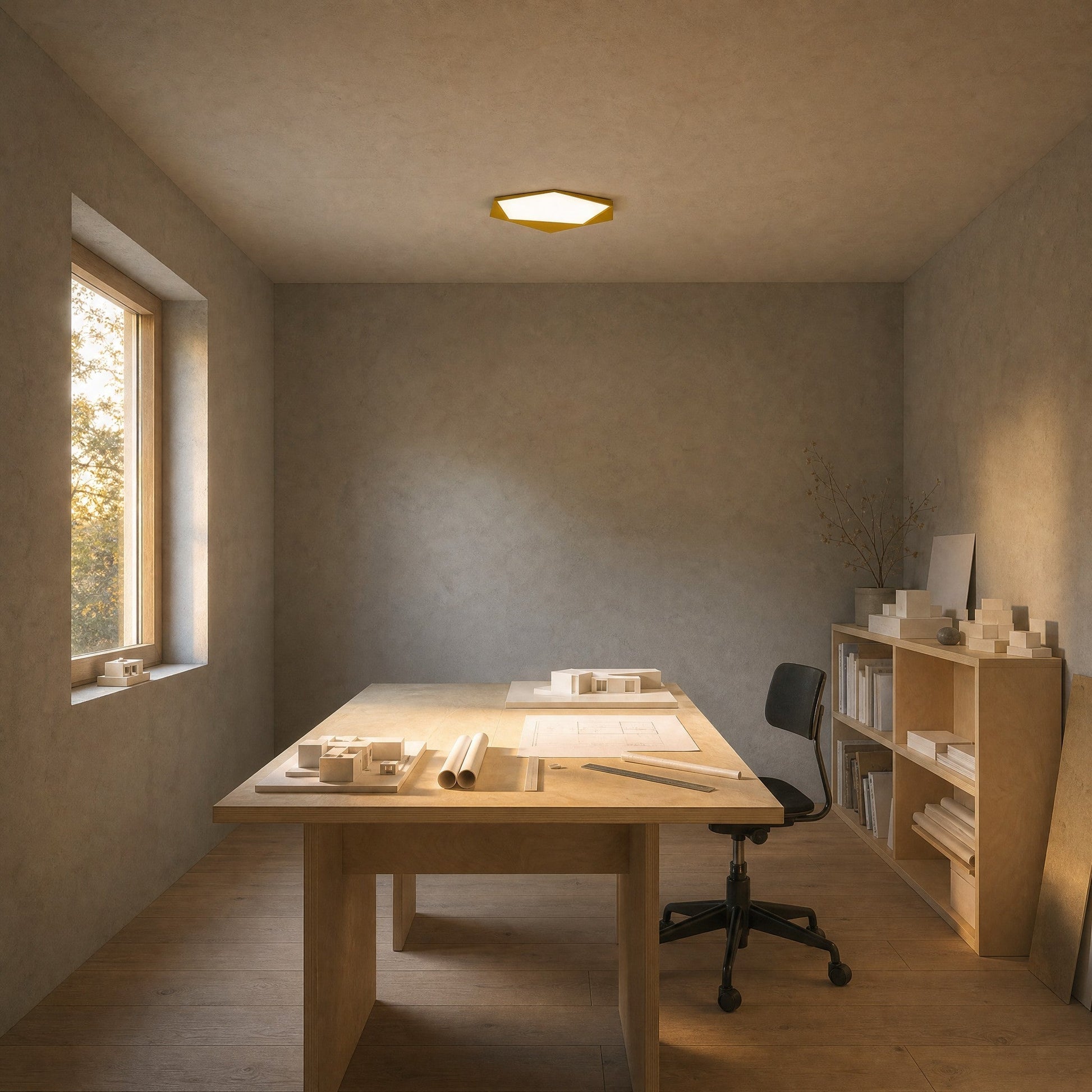 Ostin yellow flat ceiling light lit above a birch work table | Wickleigh