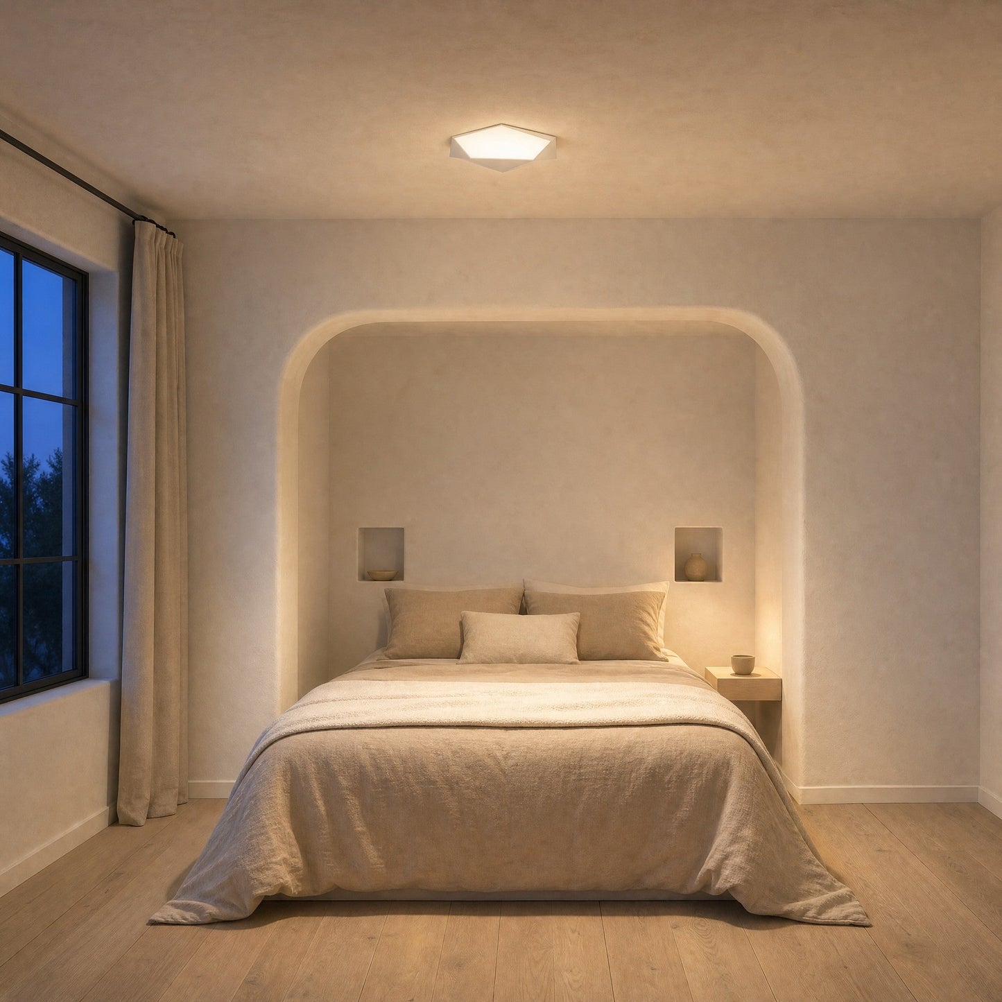Ostin white flat ceiling light lit above a bed in a plaster alcove | Wickleigh
