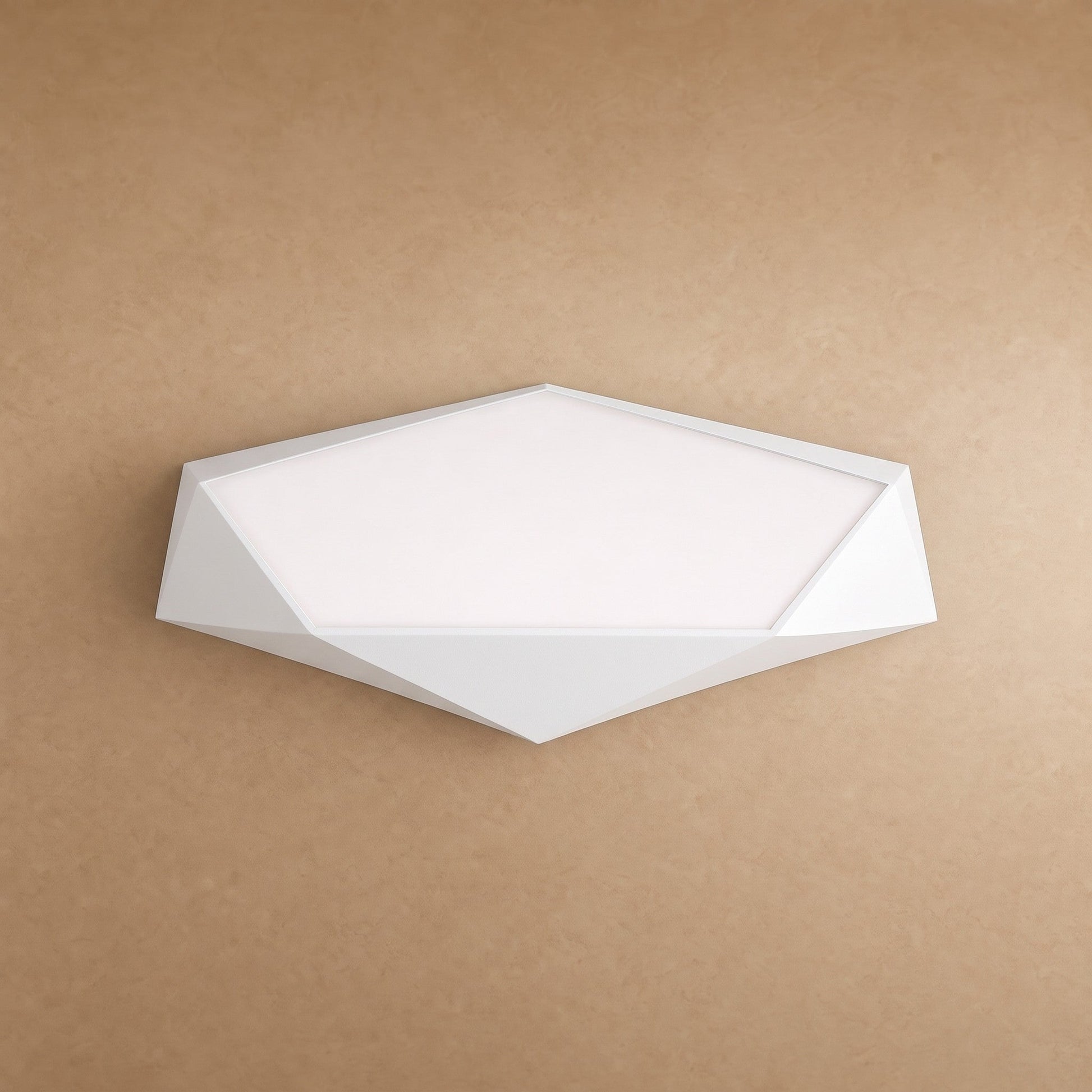 Ostin flat ceiling light, white faceted pentagon, packshot | Wickleigh