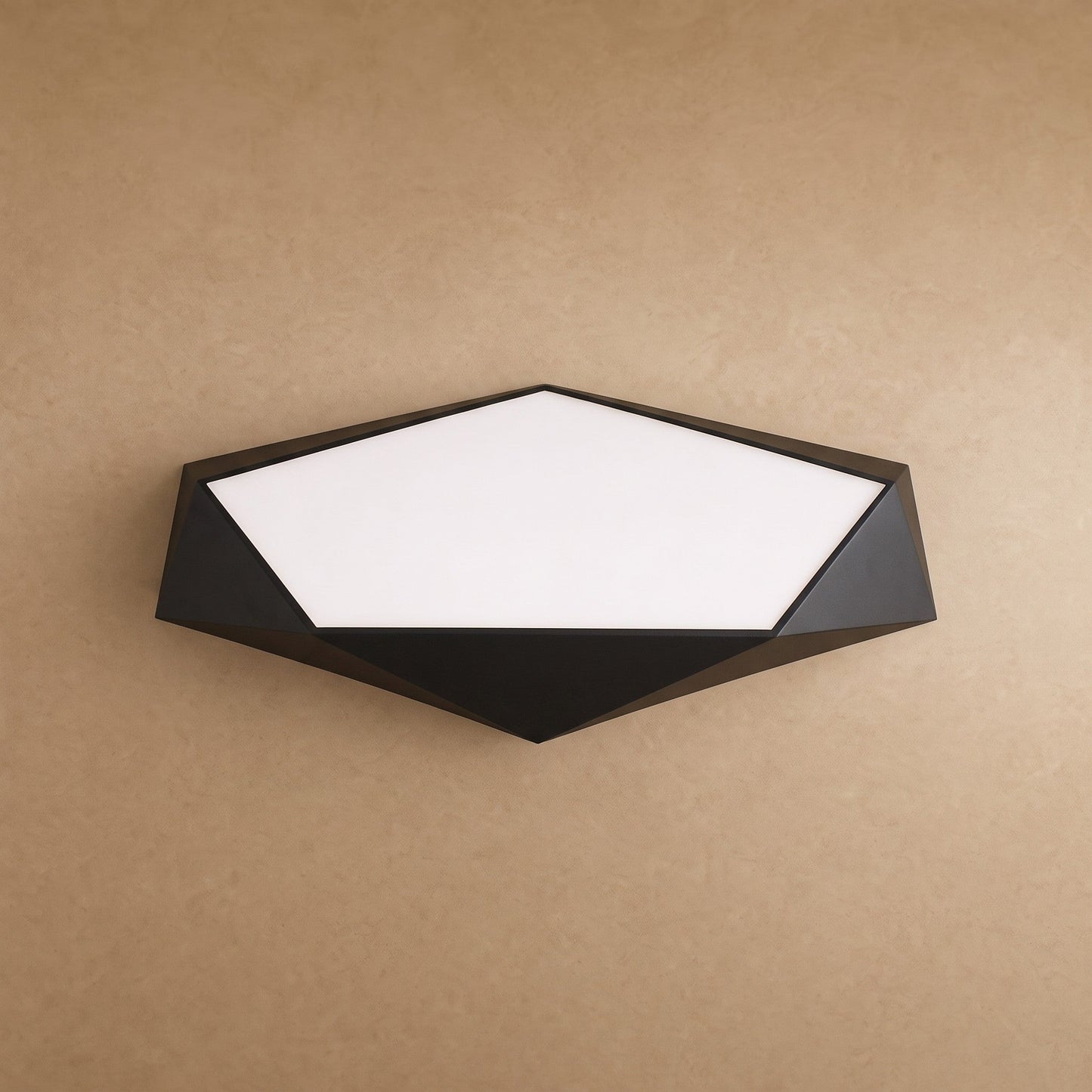 Ostin flat ceiling light, black faceted pentagon, packshot | Wickleigh