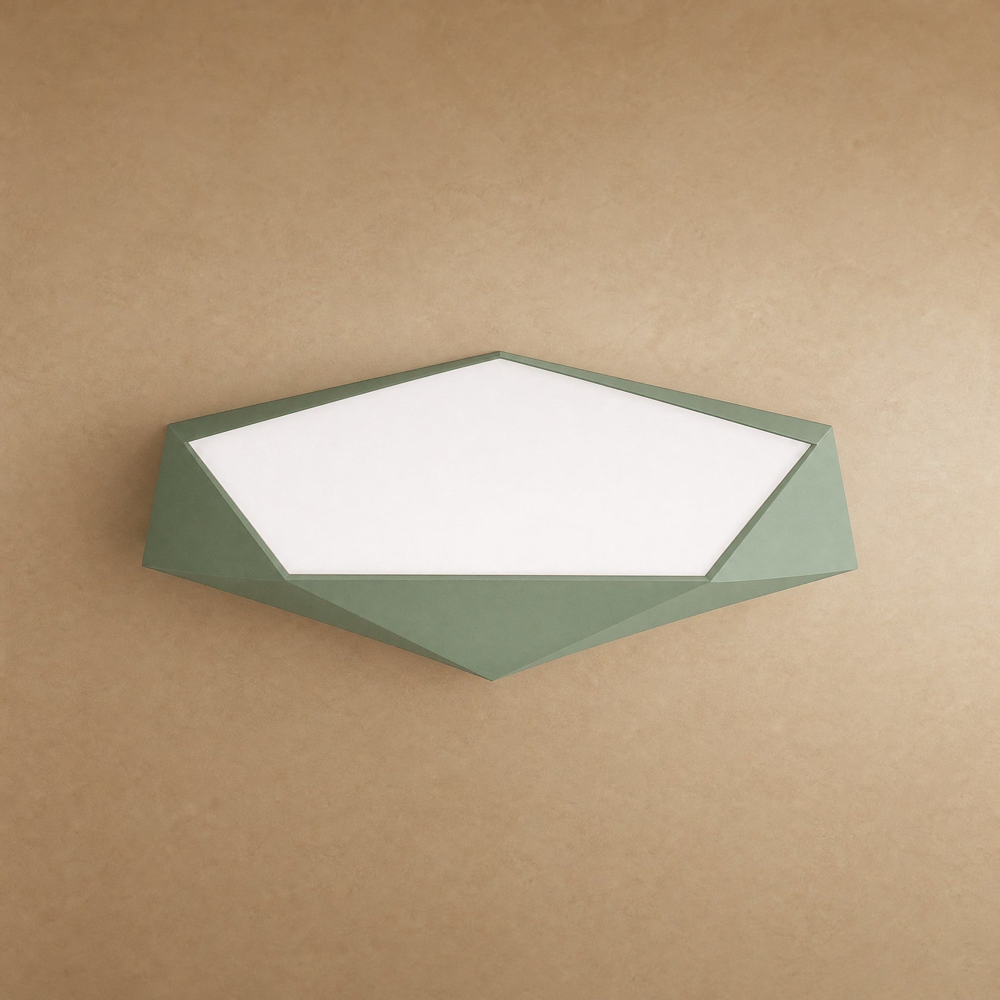Ostin flat ceiling light, sage green faceted pentagon, packshot | Wickleigh