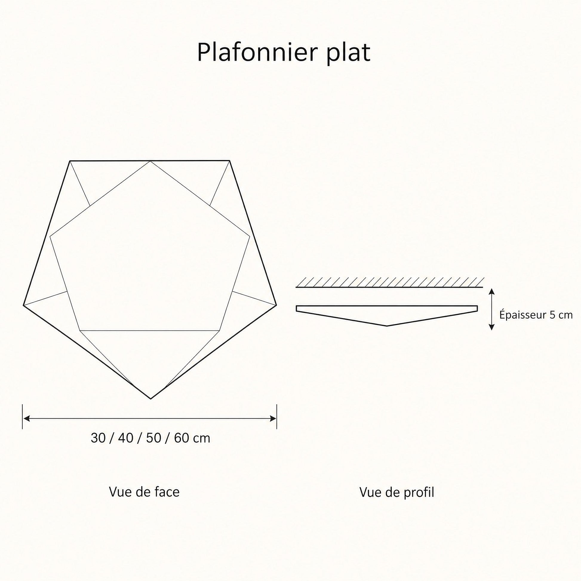 Dimension diagram of the Ostin flat ceiling light, 30 to 60cm wide and 5cm deep | Wickleigh