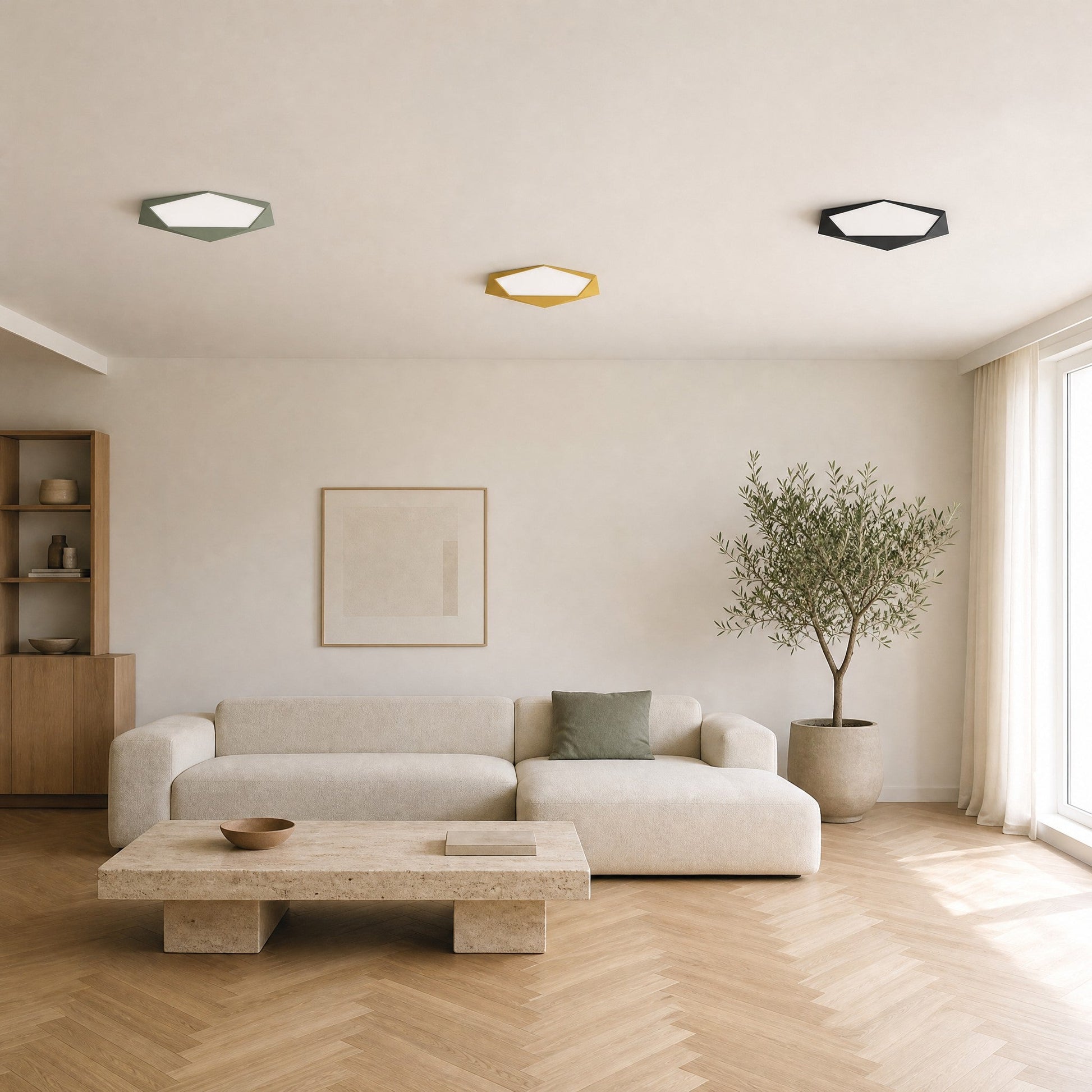 Three Ostin flat ceiling lights in sage green, yellow and black clustered on a sitting room ceiling | Wickleigh