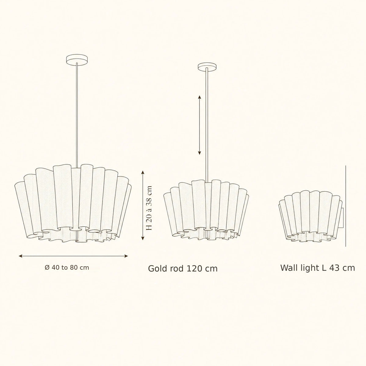 Pleated fabric pendant light size guide with shade widths and gold rod