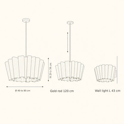 Pleated fabric pendant light size guide with shade widths and gold rod