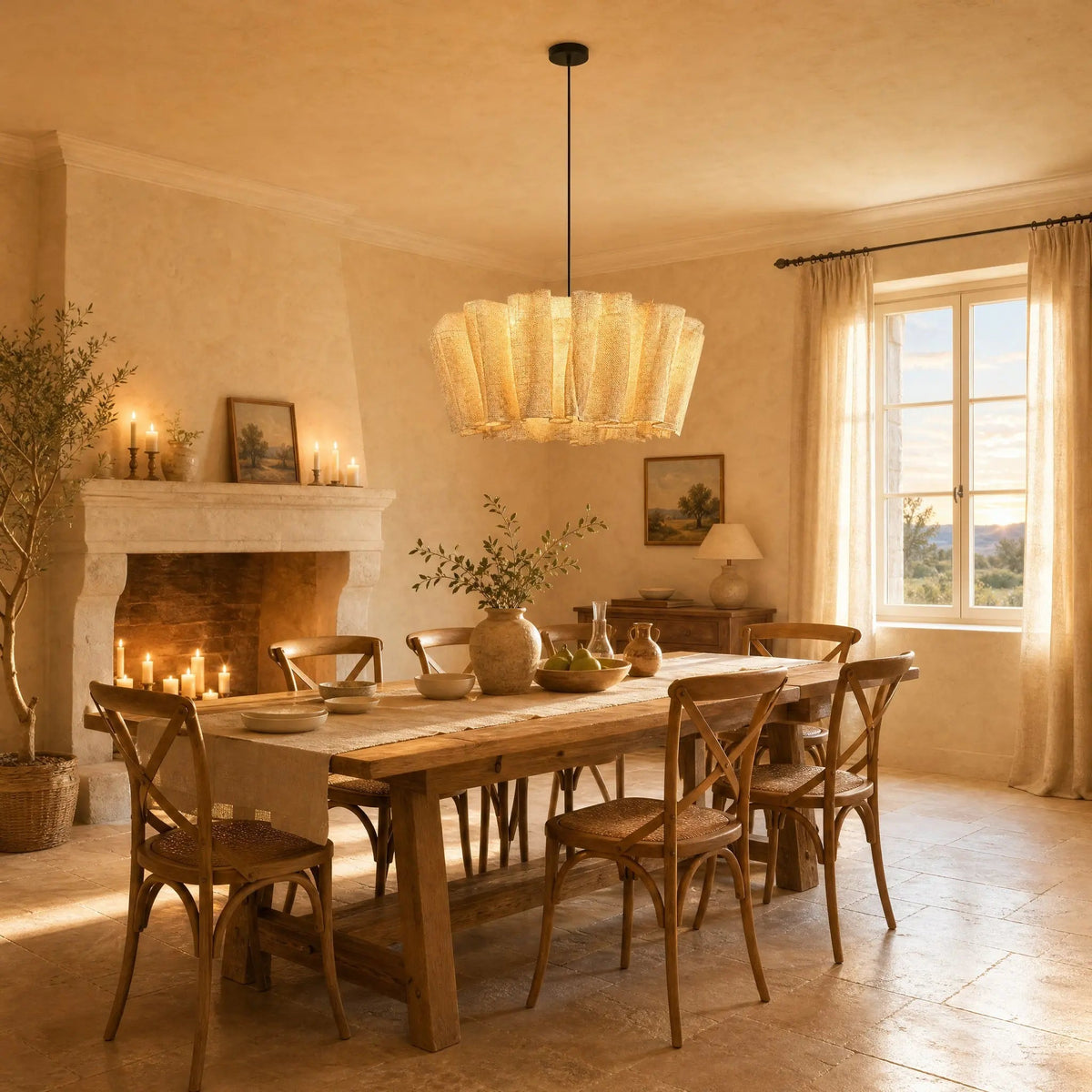 Kelen fabric pendant light Ø 80 cm lit above a farmhouse table, dining room with a fireplace | Wickleigh