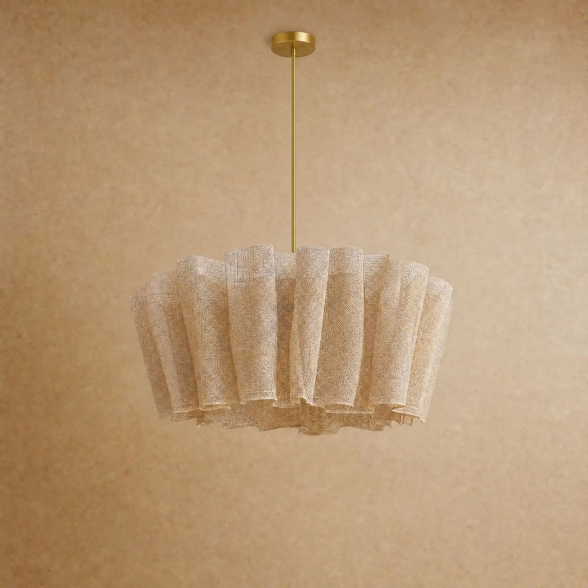 Kelen fabric pendant light on a 120 cm gold rod, studio packshot | Wickleigh