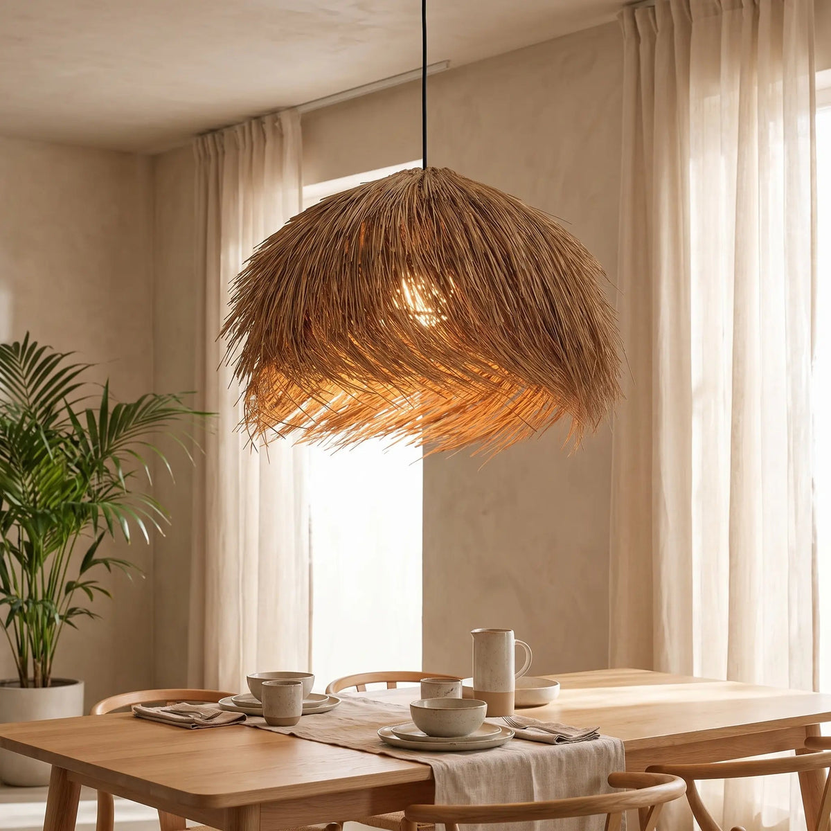 Vadra rattan pendant light, daytime living room scene | Wickleigh