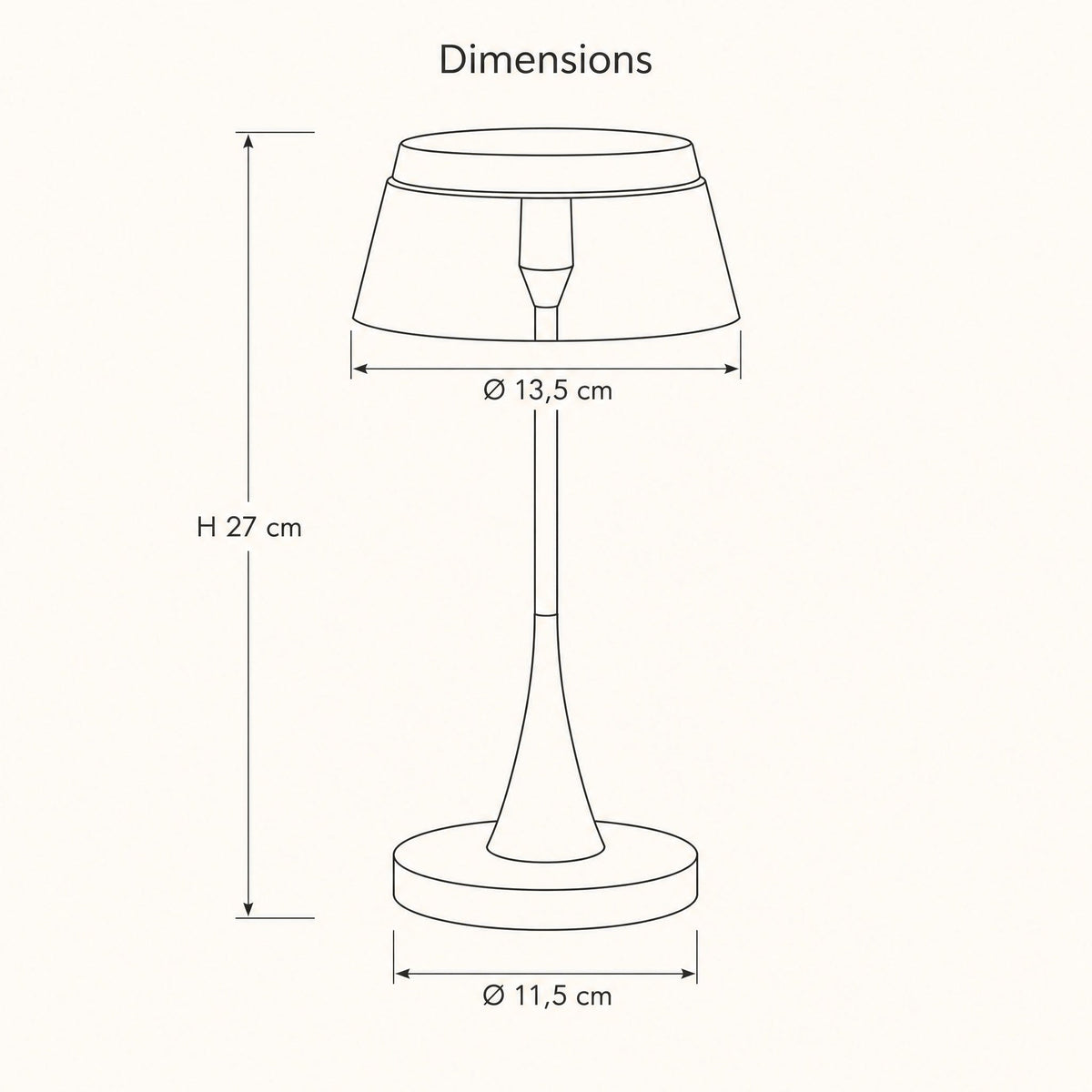 Dimension diagram of the Tylen rechargeable table lamp, 13.5 cm shade, 27 cm height, 11.5 cm base | Wickleigh
