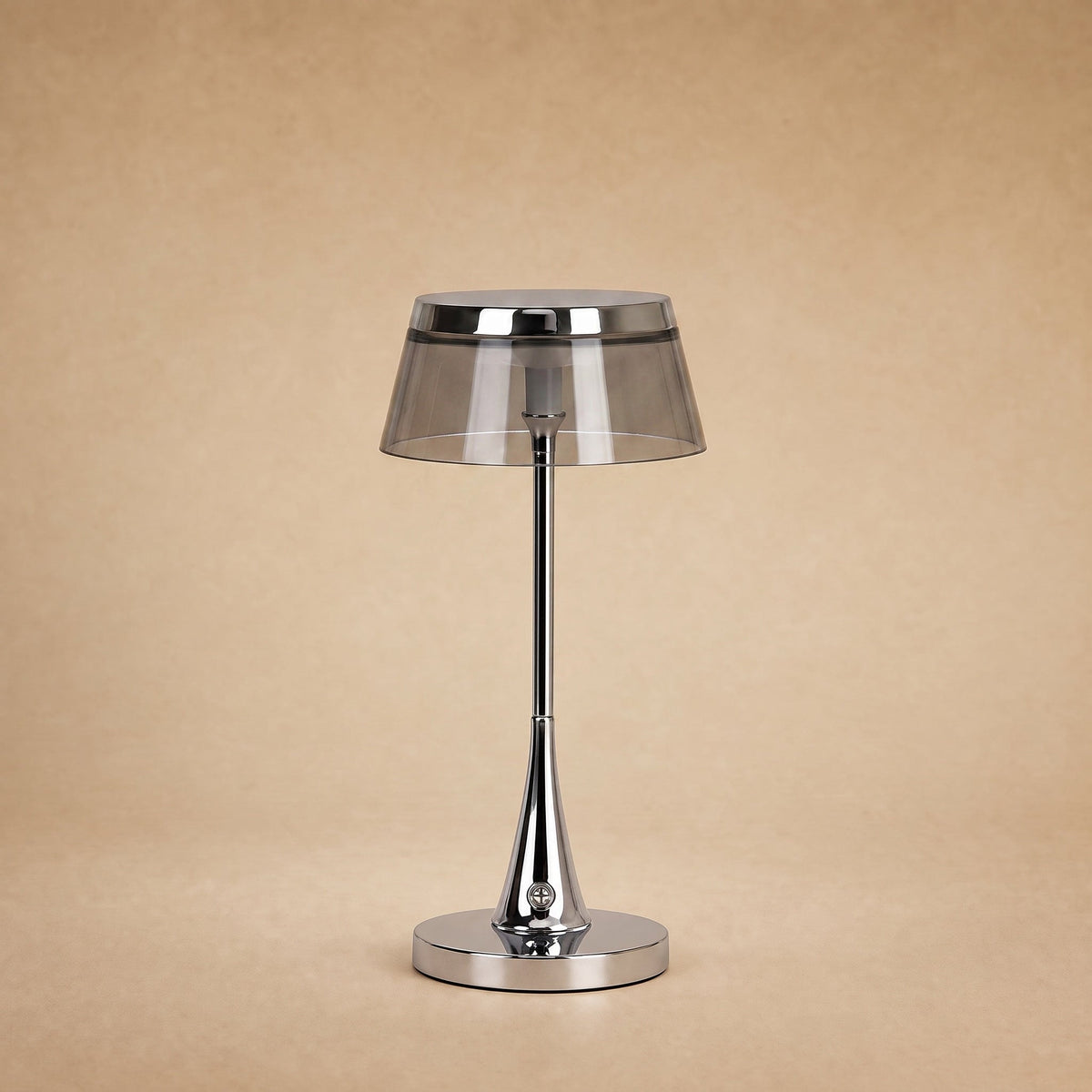 Tylen rechargeable table lamp, smoked grey shade and chrome crown | Wickleigh