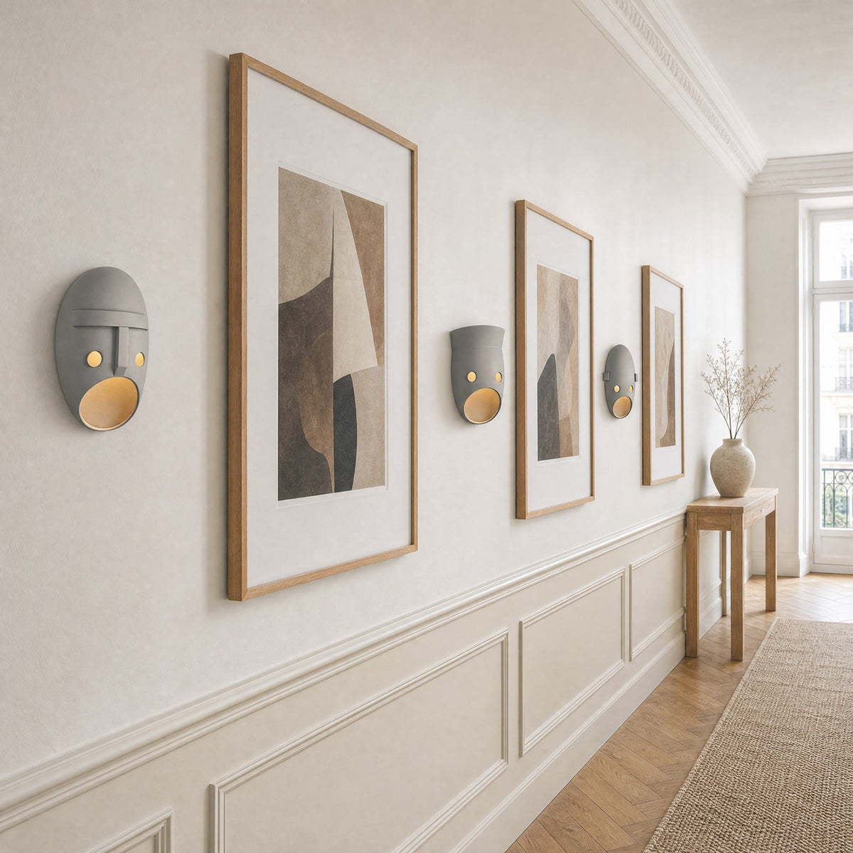 Three Faelin wall lights aligned in a gallery hallway in daylight | Wickleigh